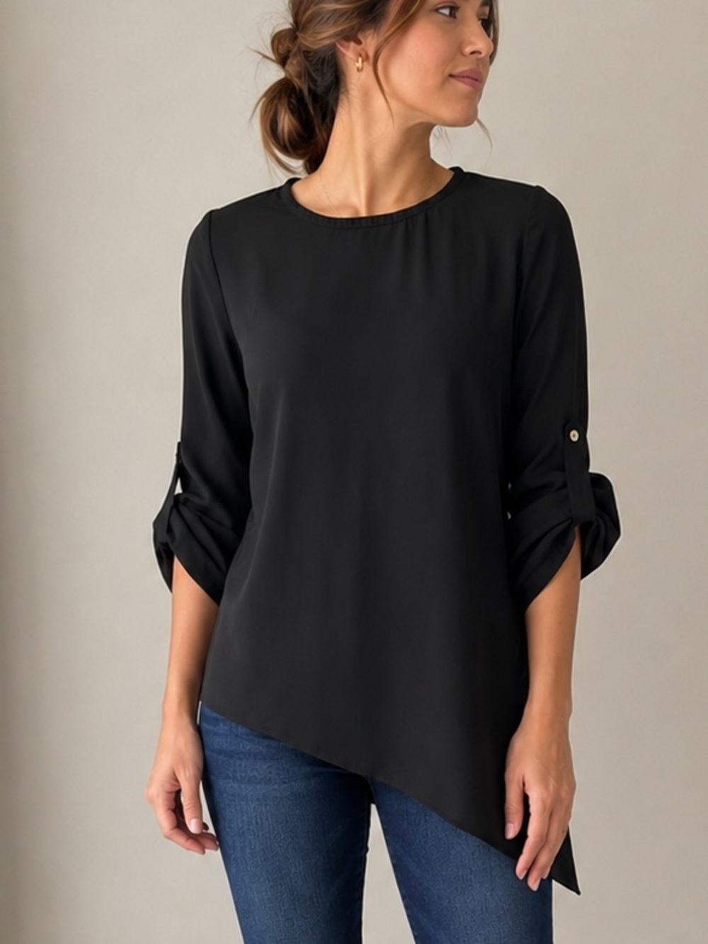 CALVIN KLEIN Size Small Black Asymmetrical Hem Balloon Sleeve Blouse
